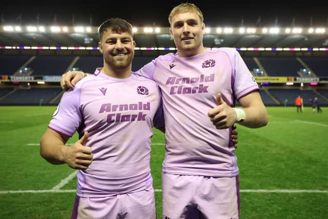Scotland debutants Harri Morris, left, and Liam McConnell after the record-breaking win over the USA at Scottish Gas Murrayfield.