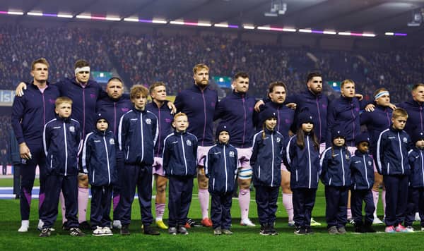 Scotland players during the national anthem ahead of the Quilter Nations Series match against USA at Murrayfield, on November 01, 2025.  (Photo by Ross Parker / SNS Group)