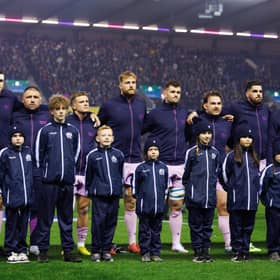 Scotland players during the national anthem ahead of the Quilter Nations Series match against USA at Murrayfield, on November 01, 2025.  (Photo by Ross Parker / SNS Group)