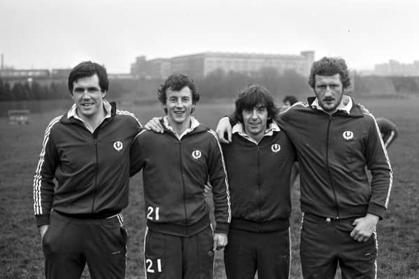 Keith Robertson, second from left, ahead of his Scotland debut against New Zealand with fellow new boys, Bob Cunningham, left, and Gordon Dickson, right. Scotland captain Ian McGeechan is second from right.