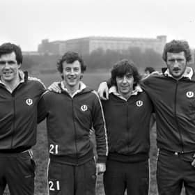 Keith Robertson, second from left, ahead of his Scotland debut against New Zealand with fellow new boys, Bob Cunningham, left, and Gordon Dickson, right. Scotland captain Ian McGeechan is second from right.