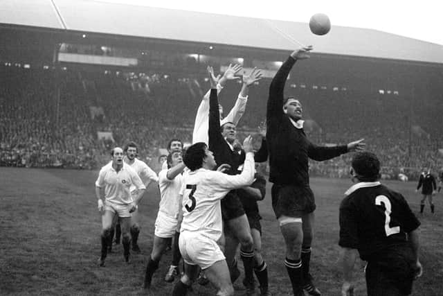Scotland, in white, and New Zealand contest a lineout at Murrayfield in 1978.
