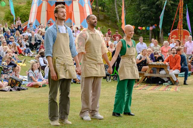 Tom, Aaron and Jasmine waiting to hear who the winner of the Great British Bake Off series 16 is.