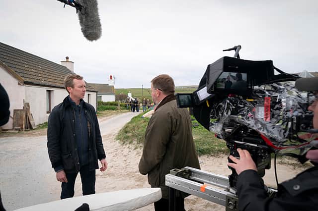 Steven Robertson and Greg McHugh filming Shetland Series 10 in Levenwick.