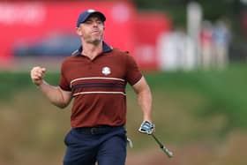 Rory McIlroy reacts during the Saturday afternoon four-balls in the 45th Ryder Cup at Bethpage Black 