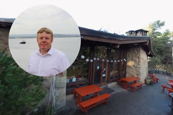 Tim Eagle MSP said it was ‘insulting’ that representatives would not be attending the meeting. Pictured is Tim Eagle, inset, along with The Universal Hall in Findhorn where the meeting is taking place.