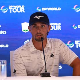 Marco Penge speaks to the media during a press conference prior to the DP World Tour Championship at Jumeirah Golf Estates in Dubai