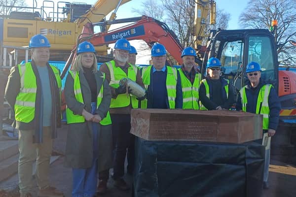 L2R: Councillor Ian Massie, Rhona Corbett, Culture Perth and Kinross (CPK), David Freeburn, CPK and former pupil of Balhousie, Councillor John Rebbeck (back), Bailie Chris Ahern, Barney Black, Richard Reid and Rab Elder, all former pupils of the school.