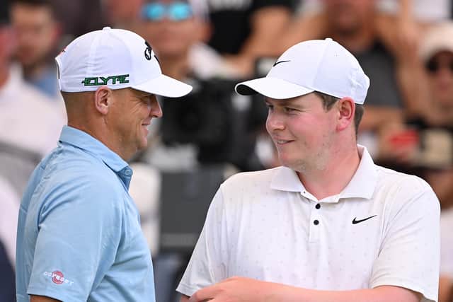 Playing partners Alex Noren and Bob MacIntyre share a laugh on the first tee at Jumeirah Golf Estates