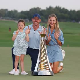 Rory McIlroy celebrates winning a seventh Race to Dubai title with daughter Poppy and wife  Erica at Jumeirah Golf Estates in Dubai, 