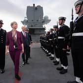 Defence Secretary John Healey and Foreign Secretary Yvette Cooper pictured during a visit to the aircraft carrier, HMS Prince of Wales, anchored of the coast of Naples, Italy, on Monday (Picture: Stefan Rousseau)