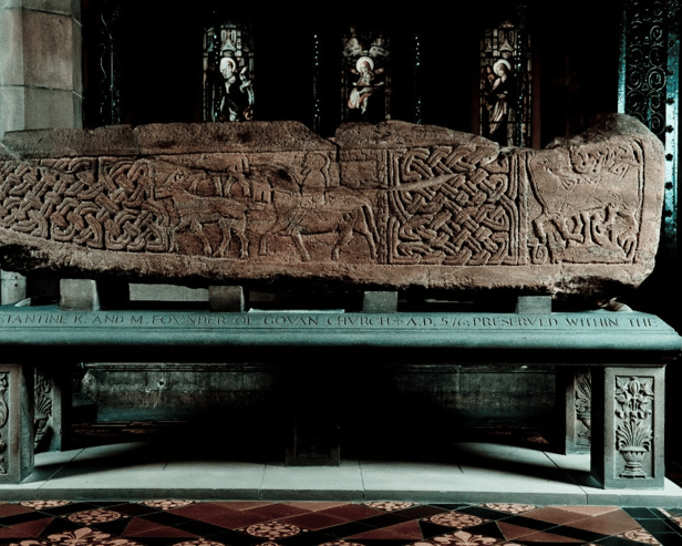 The Govan Sarcophagus, a carved sandstone coffin from the late 9th or early 10th century, likely a reliquary for the relics of St. Constantine, a Pictish King killed by Vikings. The stone was at the centre of Govan's role as a spiritual centre for the Kingdom of Strathclyde. PIC: Contributed.