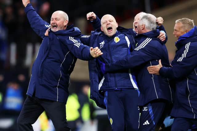 Scotland Head Coach Steve Clarke celebrates the fourth goal during a FIFA World Cup 2026 Qualifier between Scotland and Denmark at Hampden Park (Pic: SNS)