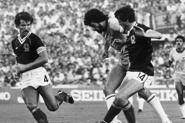 Graeme Souness, Socrates and David Narey in action against Brazil during the 1982 World Cup.