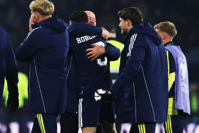Scotland head coach Steve Clarke and captain Andy Robertson embrace after the 4-2 win over Denmark that sealed qualification for the 2026 World Cup. (Photo by Craig Williamson / SNS Group)