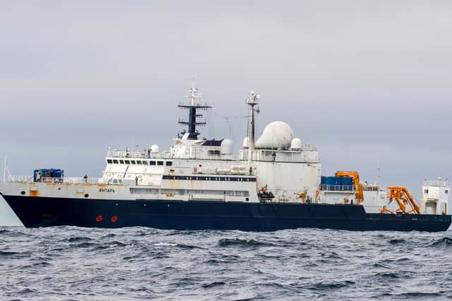 The Russian spy ship Yantar, pictured previously in the English Channel, directed lasers at UK planes tracking its course as it sailed off the north coast of Scotland