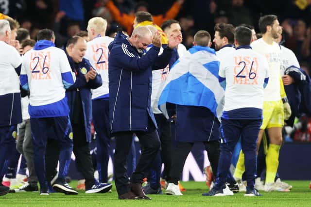 Scotland head coach Steve Clarke celebrates after the 4-2 win over Denmark. (Photo by Alan Harvey / SNS Group)