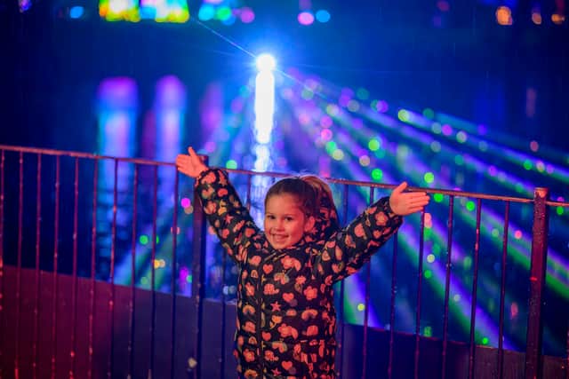 Vertical Rays, beams of colour shooting into the night, can be viewed from a special platform build to showcase the installation