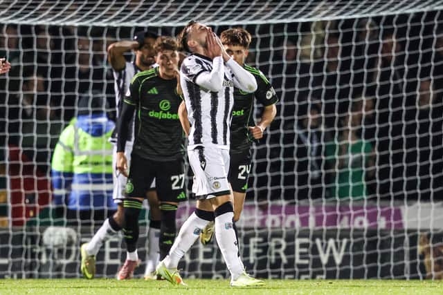St Mirren's Conor McMenamin looks dejected as his strike hits the post in the 1-0 defeat to Celtic. (Photo by Ross MacDonald / SNS Group)