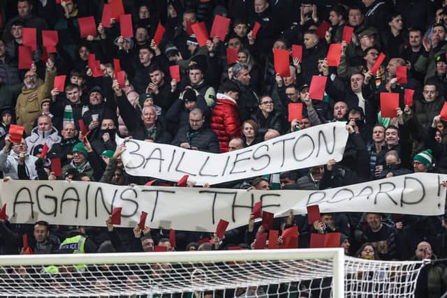 Celtic fans hold up a banner which reads "Baillieston against the board" during the match against St Mirren. (Photo by Craig Williamson / SNS Group)
