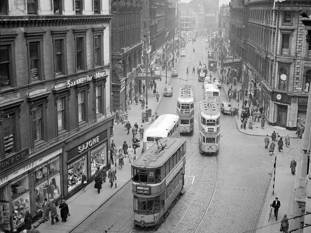 Trams in  Union Street  Glasgow at the  junction of Renfield Street and  Gordon Street in November 1959.