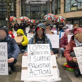 Protesters outside Queen Elizabeth House in Edinburgh 
