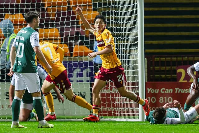 Elijah Just celebrates as Motherwell downed Hibs at Fir Park.