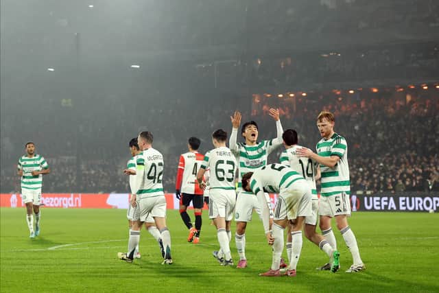 Hyun-Jun Yang of Celtic celebrates scoring the equaliser against Feyenoord to spark an impressive comeback