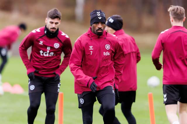 Elton Kabangu leads Hearts training ahead of the match against Motherwell.