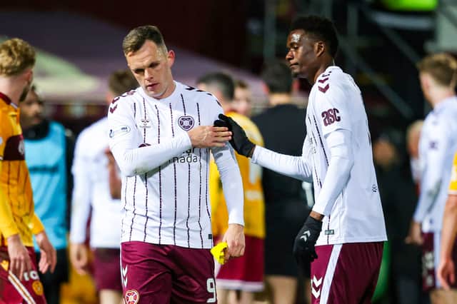 Hearts captain Lawrence Shankland (L) and Pierre Landry Kabore look dejected at full time after the goalless draw with Motherwell at Fir Park. (Photo by Craig Foy / SNS Group)