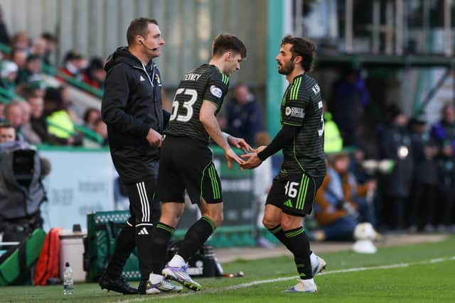Kieran Tierney comes on for Marcelo Saracchi during Celtic's 2-1 win over Hibs last weekend.