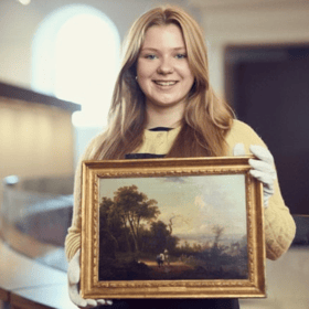 Amelia Cimbalo with the painting by Alexander Nasmyth, which will be auctioned off to raise funds for the West Highland Museum.