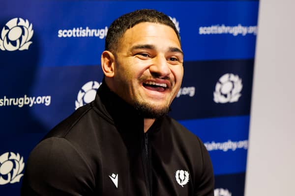 Sione Tuipulotu reacts to the 2027 Rugby World Cup draw at the Marriott Courtyard Hotel at Oriam.