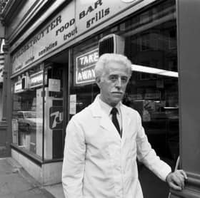 Owner Alfred de Angelis outside the Globetrotter fish and chip shop in Bruntsfield, Edinburgh, in December 1988