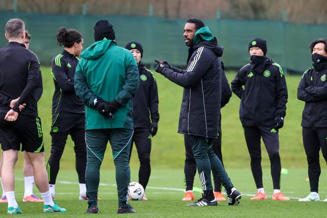Wilfried Nancy addresses his new Celtic players during training.