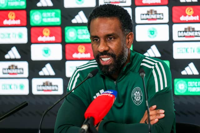 Wilfried Nancy speaks to the media at Celtic's Lennoxtown training base.