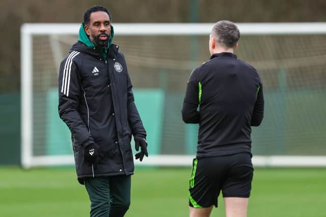 New Celtic manager Wilfried Nancy speaks to captain Callum McGregor at training.