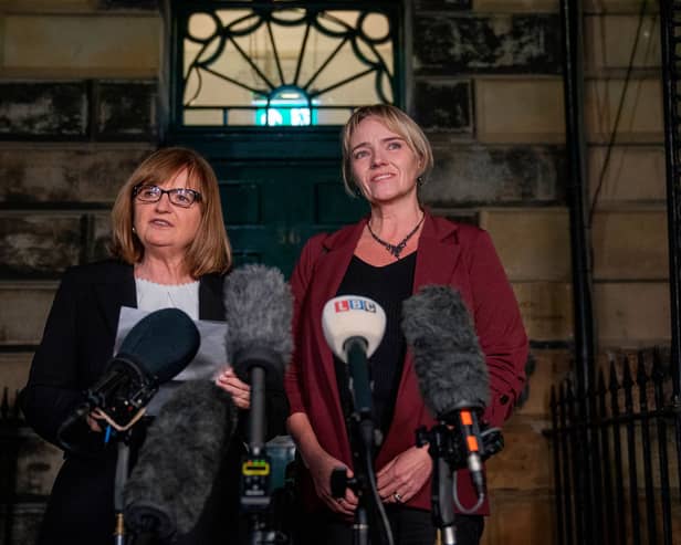 Solicitor Margaret Gribbon, left, reads a statement on behalf of nurse Sandie Peggie, right, who objected to sharing a female changing room with a transgender doctor, outside the Edinburgh Tribunals Service after she won a claim for harassment in her employment tribunal case against a health board, but other allegations of discrimination were dismissed