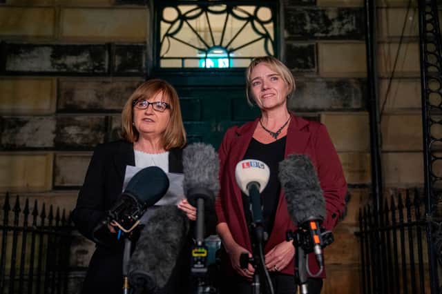 Solicitor Margaret Gribbon (left) reads a statement on behalf of Ms Peggie (right) on Monday