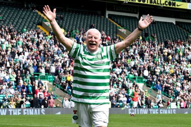 Celtic legend Dixie Deans takes part in a penalty competition during a pre-season friendly against Inter Milan at Celtic Park in 2012.