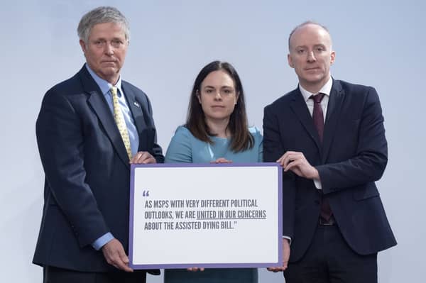 Scottish Conservative Edward Mountain, SNP's Kate Forbes and Scottish Labour's Michael Marra appearing together at the Scottish Parliament in Edinburgh to deliver a joint statement outlining their concerns about assisted dying legislation