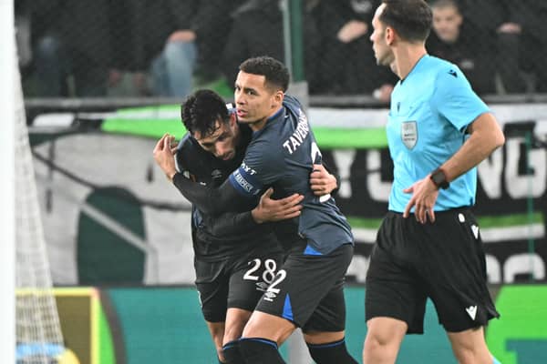 Bojan Miovski and James Tavernier celebrate Rangers opening goal vs Ferencvaros. Cr: Getty Images.