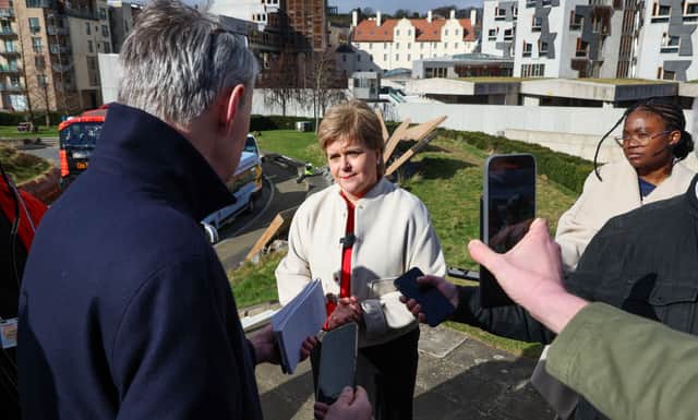 Former Scottish first minister Nicola Sturgeon speaking to media in Edinburgh following her announcement that she will not seek re-election to Holyrood next year