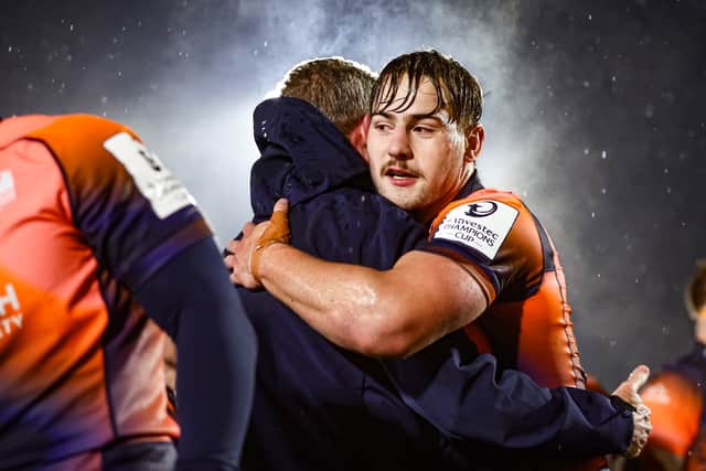Edinburgh's Freddy Douglas with head coach Sean Everitt after the Investec Champions Cup win over RC Toulon.