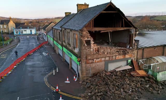 Damage to the side of the Co-op store in Denny, Stirlingshire after Storm Eowyn