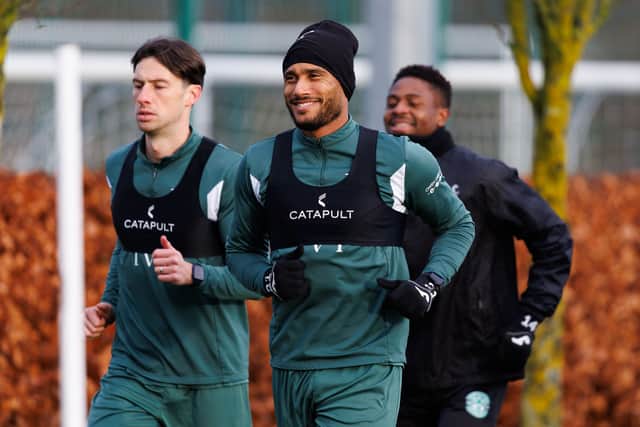 Hibs' Jordan Obita (centre) and Miguel Chaiwa (in background) could still be involved against Rangers.