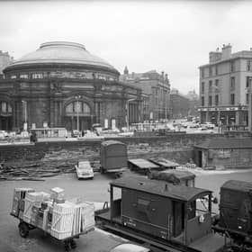 Exterior of the Usher Hall in Lothian Road, with the Caledonian Railway Station to the front of picture, in 1960.