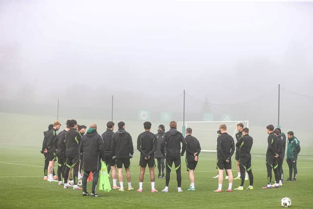 Wilfried Nancy addresses the Celtic squad during a training session at Lennoxtown on Tuesday. (Photo by Craig Williamson / SNS Group)