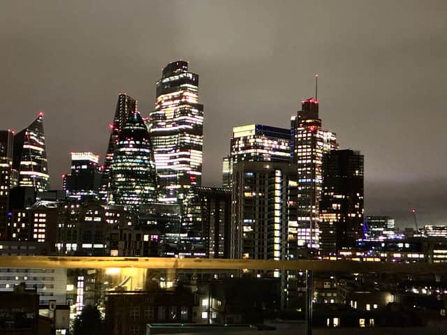 The view of skyscrapers from the ninth floor of Hyatt Place, Whitechapel, London.
