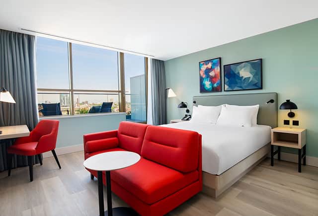 A balcony room at Hyatt Place London City East.